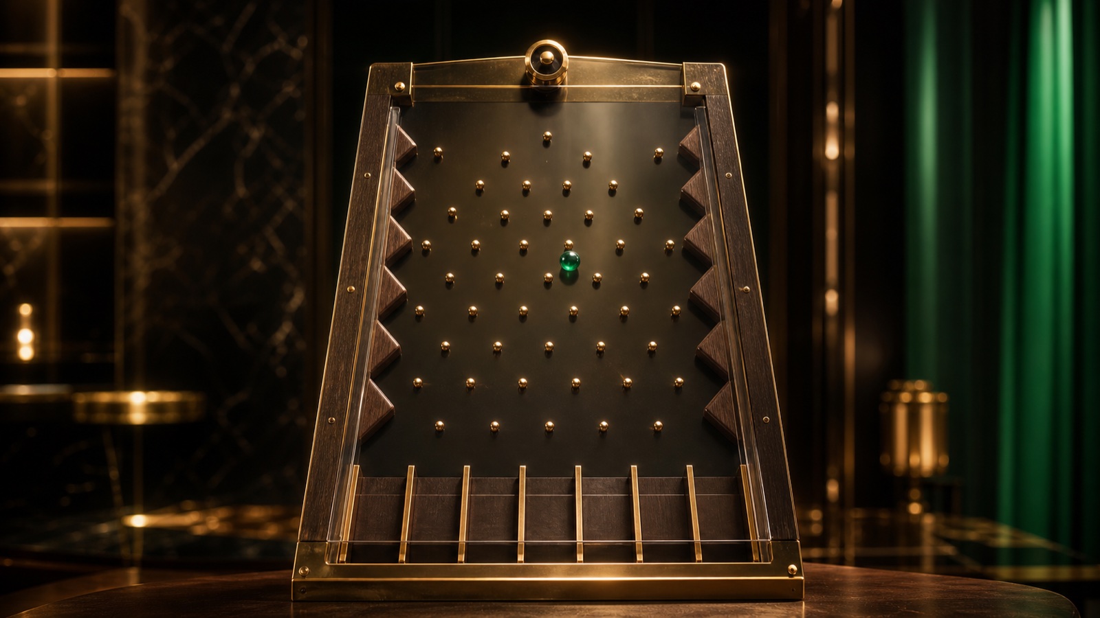 Plinko topunun pirinç çivilere çarparak ödül bölmelerine ilerleyişini gösteren gerçekçi oyun düzeneği