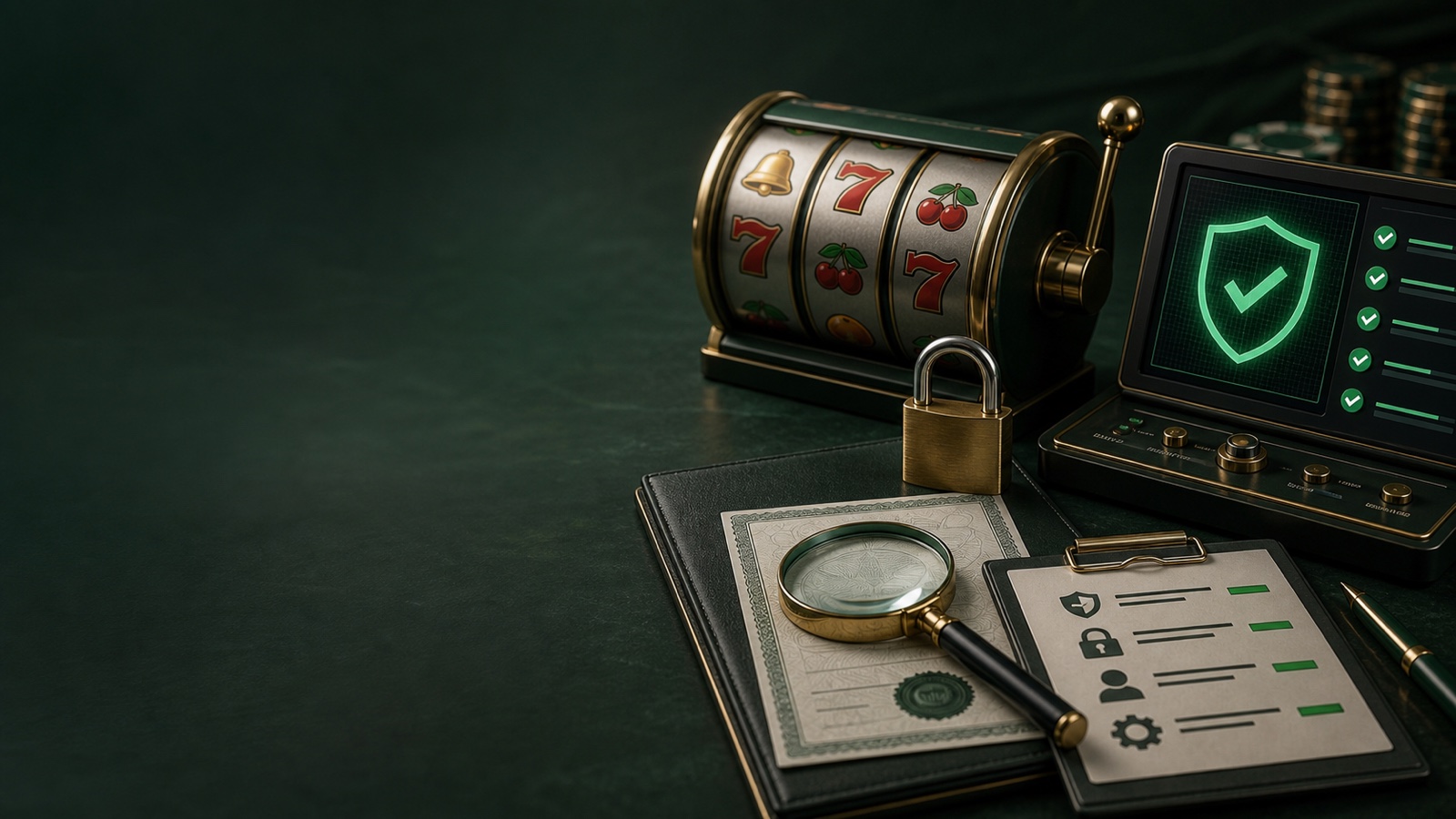 Slot sitesi seçerken lisans, alan adı ve veri güvenliği kontrollerini simgeleyen slot makarası, kilit ve güvenlik denetim konsolu